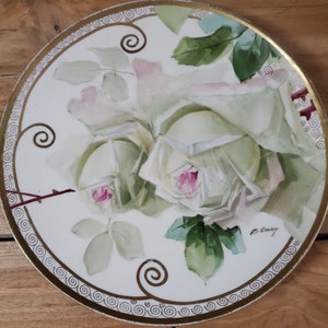 Antique ERNST WAHLISS Turn Vienna Plate 8.5&quot; White Roses Signed E Cory