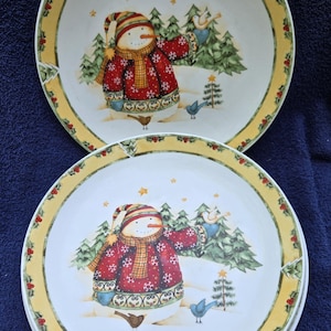 4 Gibson Dinnerware 2003 Christmas Holiday Snowman Frolic Dinner Plates 10.25&quot;