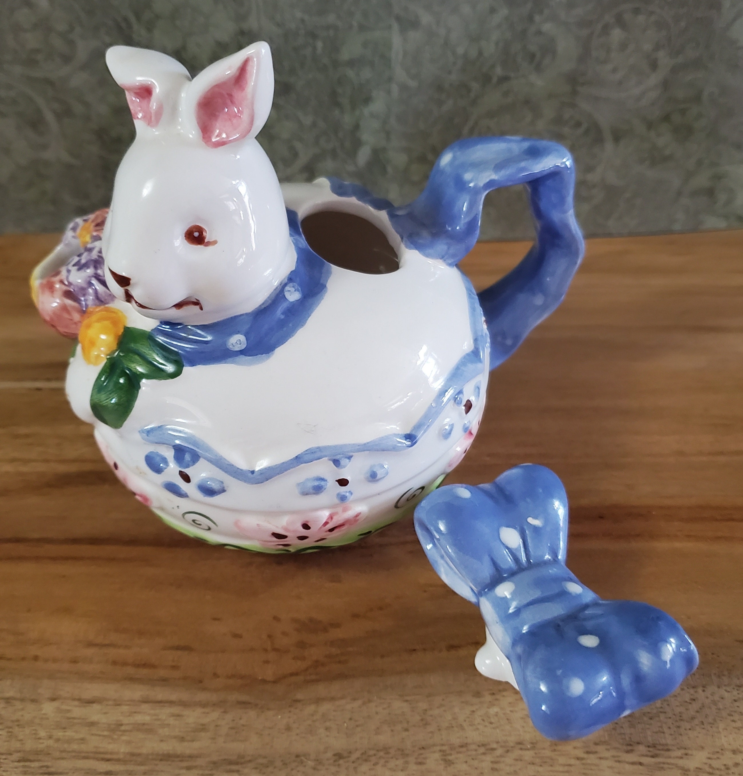 Vintage Unmarked White Multicolored Floral Bunny Rabbit Ceramic Teapot ...