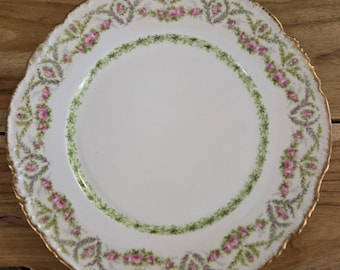 Limoges Porcelaine Jean Pouyat FRANCE Luncheon Plate (Pink/Green/Gold) 9.5"
