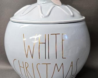 Rae Dunn WHITE CHRISTMAS Ornament Canister Cookie Jar Large Blue & Gold Letters