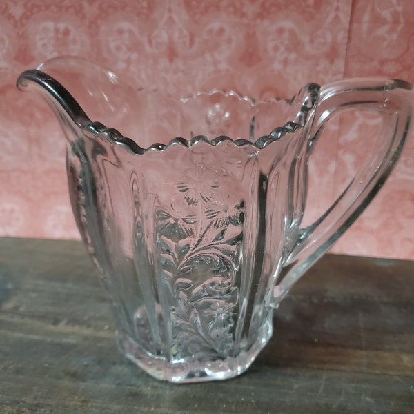 EAPG US Glass Co Small Pitcher Floral Flower Pressed Scalloped Edge 4.25"