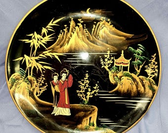 Vintage Asian Insipired Decorative Ceramic Black Painted Plate Geisha Bamboo 10&quot;