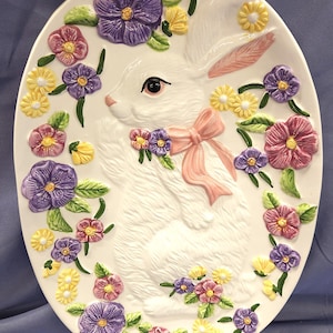 Vintage Ceramic Floral Easter Bunny Rabbit Oval Platter Plate New In Box