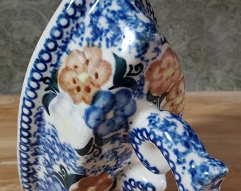 Vintage Ceramic Iron Shaped Planter Pocket Vase Wall Blue Floral Sponge Unique