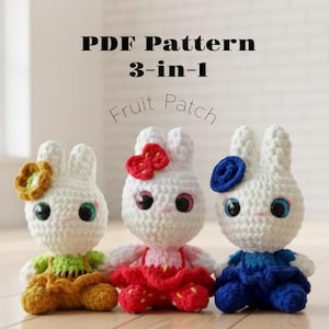Bunny Fruit Patch Amigurumi Pattern PDF, Blueberry, Strawberry, Kiwi Bunny Plush Toy, Beginner Friendly