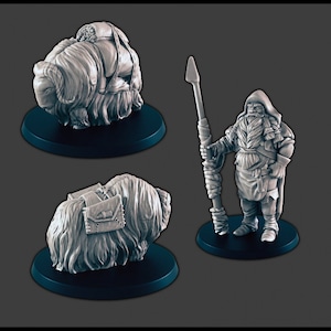 Ice Hunter and Yaks - DND mini - EC3D Wintertide, Winter Miniature | Animal | Cold | 32mm | Snow | Arctic | Pathfinder | Villager | Farm
