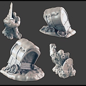 May include: Four miniature figurines of dwarves, each holding a weapon and standing on a snowy base. The dwarves are dressed in armor and have beards. One dwarf is holding a sword, another is holding a hammer, another is holding an axe, and the last one is holding a shield.