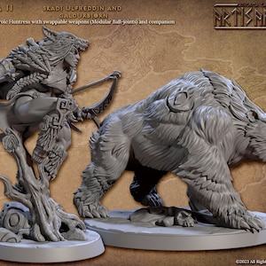 May include: A grey, detailed miniature figurine of a female warrior with a wolf pelt and a bow and arrow, standing on a tree stump. She is accompanied by a large, grey, detailed miniature figurine of a bear. The miniatures are on circular bases.