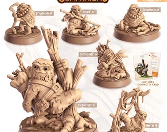 May include: A collection of detailed, brown miniature figurines of sloths in various poses, including a shaman, explorer, and bare sloth. The figurines are on circular bases and include a character card. The text on the image reads "SLOO aka THE SLOTH".