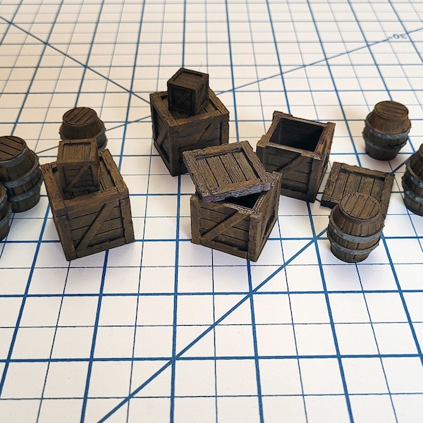 Crates and Barrel Scatter Terrain | D&D Scenery | Tabletop Terrain | Small Crates | Small Barrels | Miniatures | Dungeons and Dragons