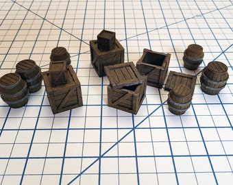 Crates and Barrel Scatter Terrain | D&D Scenery | Tabletop Terrain | Small Crates | Small Barrels | Miniatures | Dungeons and Dragons