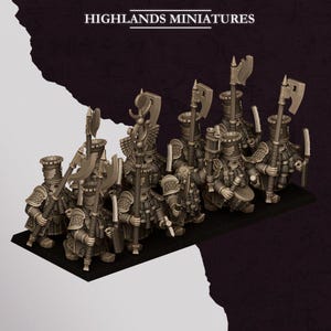 May include: A set of Highlands Miniatures figurines featuring a group of armoured dwarf soldiers standing on a rectangular black base. The figures are equipped with tall hats, detailed armour, and various polearms, including axes and a staff.