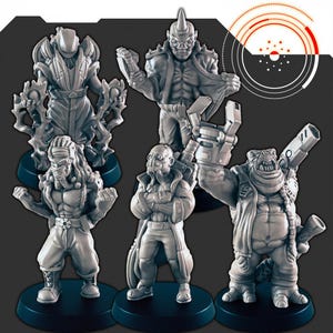 Mini set de Sci-Fi Crew n.° 1: EC3D, Legion, Cyberpunk, Starfinder, ciencia ficción, futurista, cibernético, alienígena, humano, masculino, nave espacial