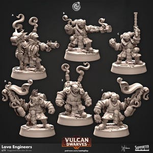 May include: A collection of six miniature figures of Lava Engineers, each standing on a circular base. The figures are in various poses, holding tools and weapons. The text "Vulcan Dwarves" and "Lava Engineers" is visible.
