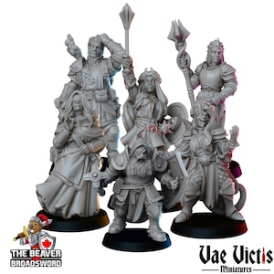 May include: Set of five grey painted miniature figurines of fantasy characters, including a dwarf, a human, an elf, and two other humanoids. The figures are posed in various action poses and are holding weapons and other accessories. The figures are standing on black bases.