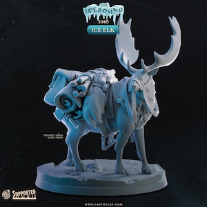 May include: A light blue miniature elk from "The Icebound" collection, with a pack and large antlers. The text "ICE ELK" and "1045" are visible. The base is 50mm. The height is 56mm.
