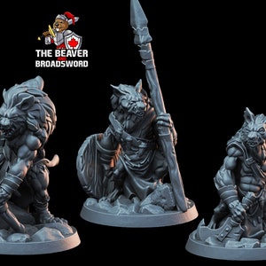 May include: Three gray fantasy miniatures of anthropomorphic creatures. One is a lion-like figure with a bow, another holds a spear and shield, and the third has an axe. The Beaver and Broadsword logo is in the upper left.