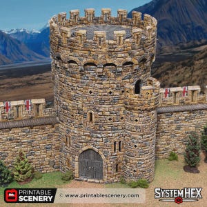 May include: A detailed model of a medieval castle tower and wall, constructed from textured stone. The tower features a circular design with crenellations, a wooden door, and small windows. The wall has red and white cross emblems. The scene is set against a backdrop of mountains.