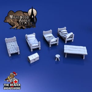 May include: Miniature gray beds, a bench, a stool, and a chest are arranged on a blue surface. The beds have patterned bedding. The image includes the text "Wightwood Abbey" and "The Beaver Broadsword".