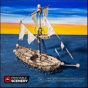 Undead Sloop - The Lost Ships, DnD 5E, Pathfinder 2E 15mm, 28mm, 32mm, wargaming terrain, scatter scenery, D&D age of sail pirate