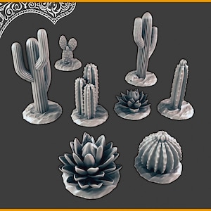 Puede incluir: Un conjunto de ocho plantas de desierto en miniatura, incluyendo cactus y suculentas, hechas de resina gris. Las plantas están dispuestas sobre un fondo gris.