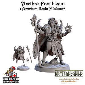 May include: A detailed resin miniature of Ylvethra Frostbloom, a fantasy character, holding a staff and a star-shaped object. The figure is in a dynamic pose, with intricate details on the clothing and accessories. The text "Ylvethra frostbloom" and "1 Premium Resin Miniature" are visible.