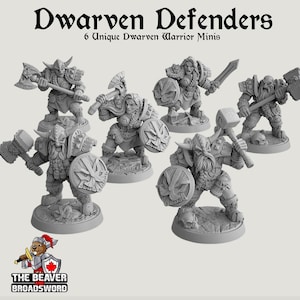 May include: Six grey plastic miniature figurines of dwarves, each with a different pose and weapon, including axes, hammers, and shields. The miniatures are set on circular bases and are part of a set called "Dwarven Defenders: 6 Unique Dwarven Warrior Minis".