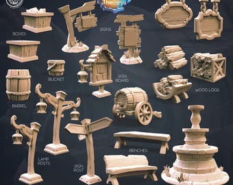Town Props Pack - dnd miniature - Cast N Play - Medieval City scatter terrain, Kingdom, Town, 32mm 28mm, Houses, Merchant, Shop, Inn Props