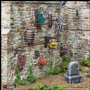 Town Trade Signs - King and Country, DnD, Pathfinder, 15mm, 28mm, 32mm, wargaming terrain, scenery D&D shop, merchant, smithy, farm, inn