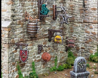 Town Trade Signs - King and Country, DnD, Pathfinder, 15mm, 28mm, 32mm, wargaming terrain, scenery D&D shop, merchant, smithy, farm, inn
