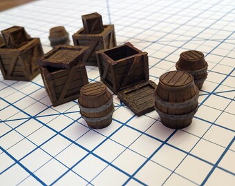 Pack De 8 Barriles Y Cajas De Madera De Fantasía | Escenografía Impresa En 3D Para Juegos De Rol Y Wargames De 28-32 Mm