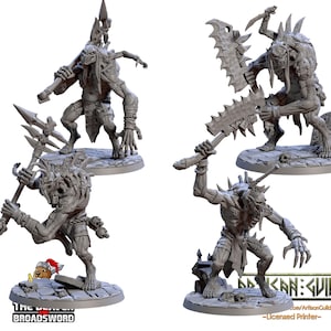 May include: Four grey 3D printed miniature figures of undead creatures with various weapons, including a spear, a sword, and a cleaver. The figures are posed in a dynamic fighting stance. The figures are printed by Artisan Guild.