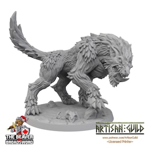 May include: A gray, detailed figurine of a snarling, wolf-like creature with sharp teeth and claws. The figure has a textured, fur-like appearance and is posed on a rocky base. The logos for "THE BEAVER BROADSWORD" and "ARTISAN GUILD" are visible.