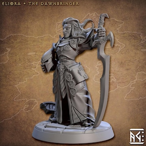 May include: A detailed gray figurine of a warrior holding a large sword and a helmet. The figure is wearing armor and a long robe, standing on a circular base. The text "ELIOA + THE DAWNBRINGER" is at the top.