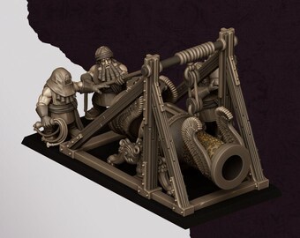 May include: A miniature artillery cannon model featuring ornate wing-like decorations on the barrel, supported by a wooden-style frame. Two dwarf-like figures are positioned behind the cannon, one holding a whip. Text reads HIGHLANDS MINIATURES.