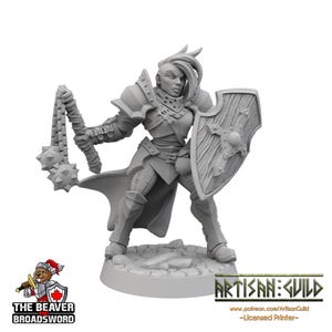 May include: A grey miniature figurine of a female warrior, in armour and holding a spiked flail and shield. The shield has a wooden texture. The figurine is on a round base. Logos for "The Beaver Broadsword" and "Artisan Guild" are visible.