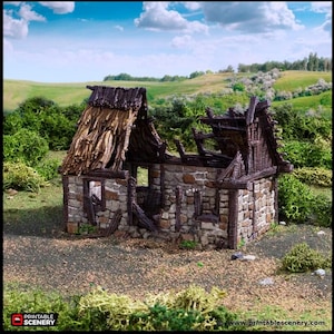 Ruined Norman Stone Barn - King and Country, DnD, Pathfinder, 15mm, 28mm, 32mm, wargaming terrain, scatter scenery D&D farm, fields, village