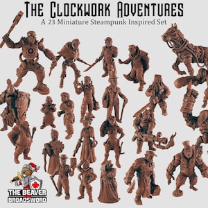 The Clockwork Adventures 23 Mini Set - EC3d | DnD | Steampunk | Automaton | Fighter | Villagers | City | Pathfinder | Human, TTRPG Wargaming
