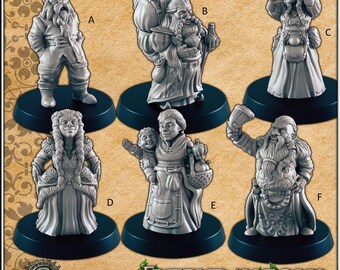 Dwarven common folk mini set for DnD - EC3D | Townsfolk | Dwarves | Male | Female | Commoner | Noble | 28mm 32mm | Pathfinder | Fantasy