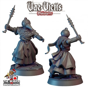 May include: A gray plastic miniature figure of a plague doctor wearing a long robe and a mask with a beak. The figure is holding a spiked weapon in its right hand. The figure is standing on a round base.