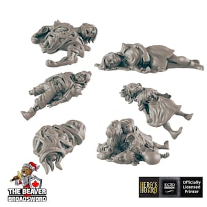 May include: A set of six 3D printed miniature figures depicting various poses of dead or injured people. The figures are gray and appear to be made of plastic.