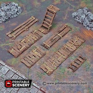 Peut inclure: Ensemble de ponts et d'échelles miniatures en bois, idéal pour les jeux de table. Les pièces en bois marron sont liées avec de la corde beige. L'ensemble propose différentes tailles et formes.