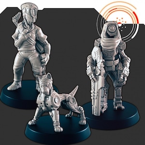 Sci-fi Droid Hunters and Cyber Pooch mini set - EC3D | Legion | Cyberpunk | Starfinder | Scifi | Futuristic | Human | Dog | Robot | Hunter
