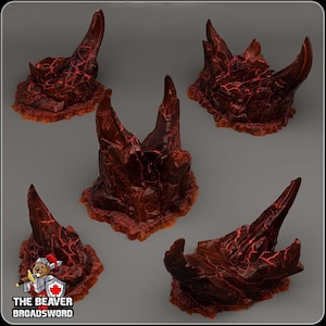 May include: Five red and orange fantasy terrain pieces with a jagged, volcanic appearance. The pieces have a textured surface with a glowing, cracked pattern. The Beaver Broadsword logo is in the bottom left corner.