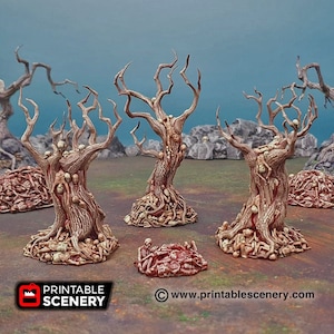 May include: Three skeletal trees with gnarled branches and skulls embedded in the bark. The trees are surrounded by a pile of bones and skulls. The trees are painted in shades of brown, white, and red.