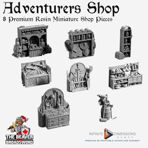 Puede incluir: Una colección de ocho piezas de tienda en miniatura de resina de primera calidad para juegos de mesa. La imagen muestra varias fachadas de tiendas, estanterías y expositores, incluyendo armas, escudos y otros objetos de fantasía. El texto dice "Adventurers Shop".