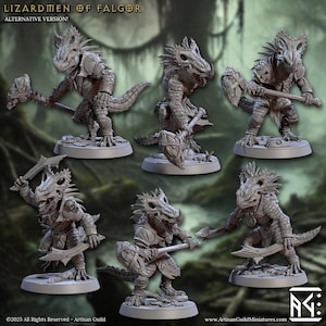 Op de afbeelding: Een verzameling grijze Lizardmen of Falgor miniaturen in verschillende poses, met wapens zoals hamers en zwaarden. De miniaturen zijn gedetailleerd met pantser en reptielachtige kenmerken. De tekst "LIZARDMEN OF FALGOR ALTERNATIVE VERSION!" is zichtbaar.