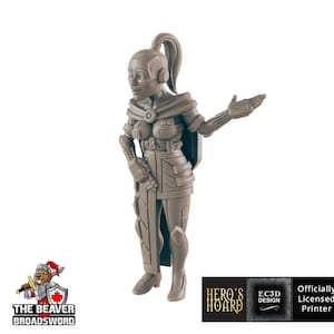 May include: A light brown figurine of a female character in futuristic armour, with a ponytail and one arm extended. The figurine is from "The Beaver Broadsword" and "Hero's Hoard" and is an "Officially Licensed Printer" design.