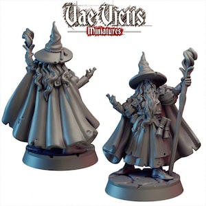 Puede incluir: Dos miniaturas de magos grises con largas barbas, capas y sombreros puntiagudos. Una figura sostiene un bastón con una llama, la otra tiene una mano levantada. El texto "Vae Victis Miniatures" está en la parte superior.
